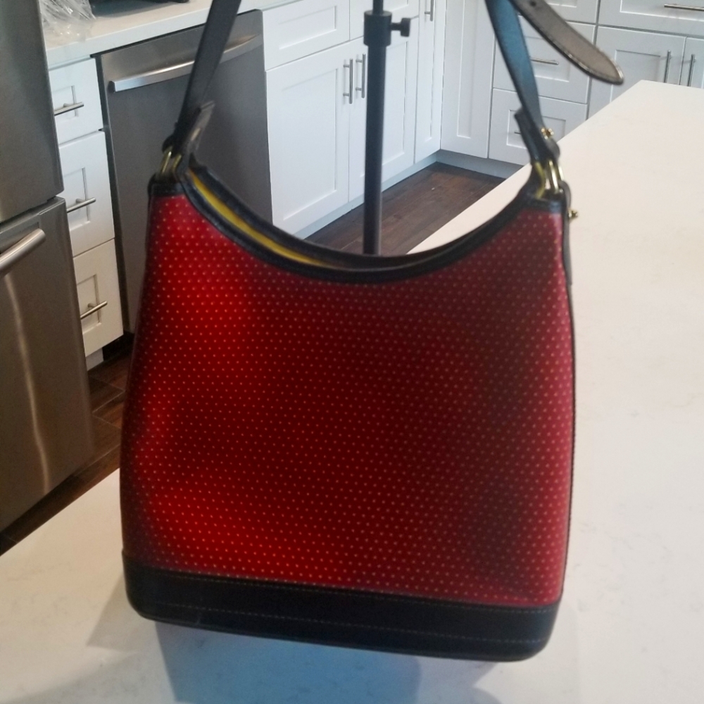 RARE Vintage Dooney & Bourke Red/Black/Yellow Leather Perforated Shoulder Bag